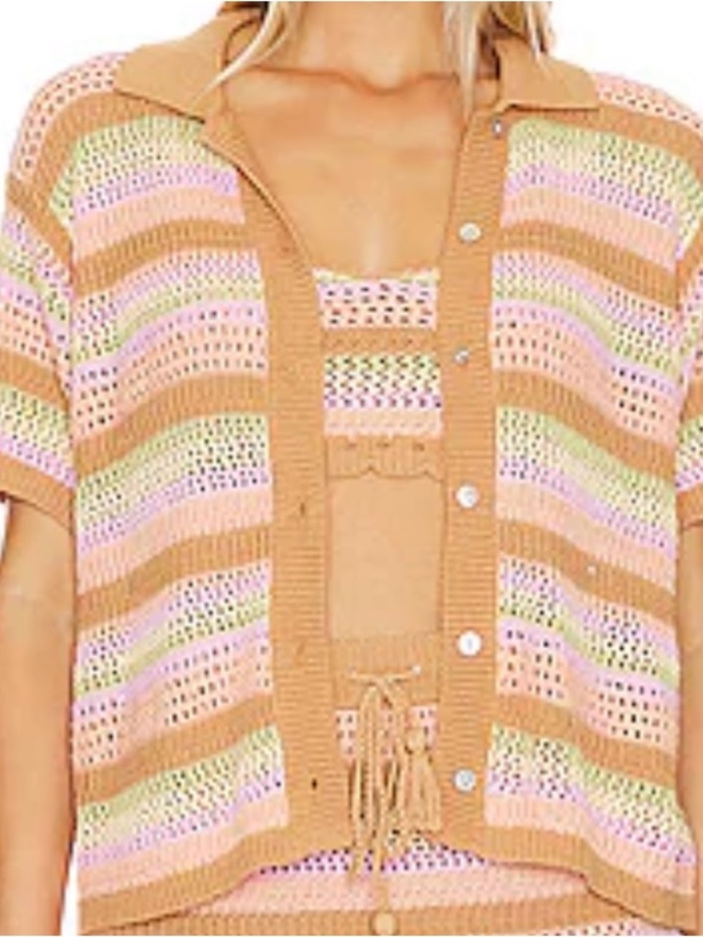 L Space Buena Vista Top Set - Open-Knit Striped Button Cardigan and Crop Top